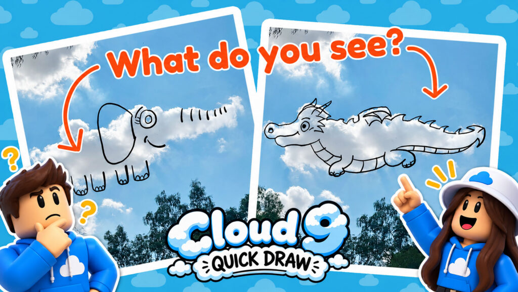 Cloud 9 What do you see hero image with two photos of the same cloud, one that has an elephant drawing and one that has a dragon drawing.